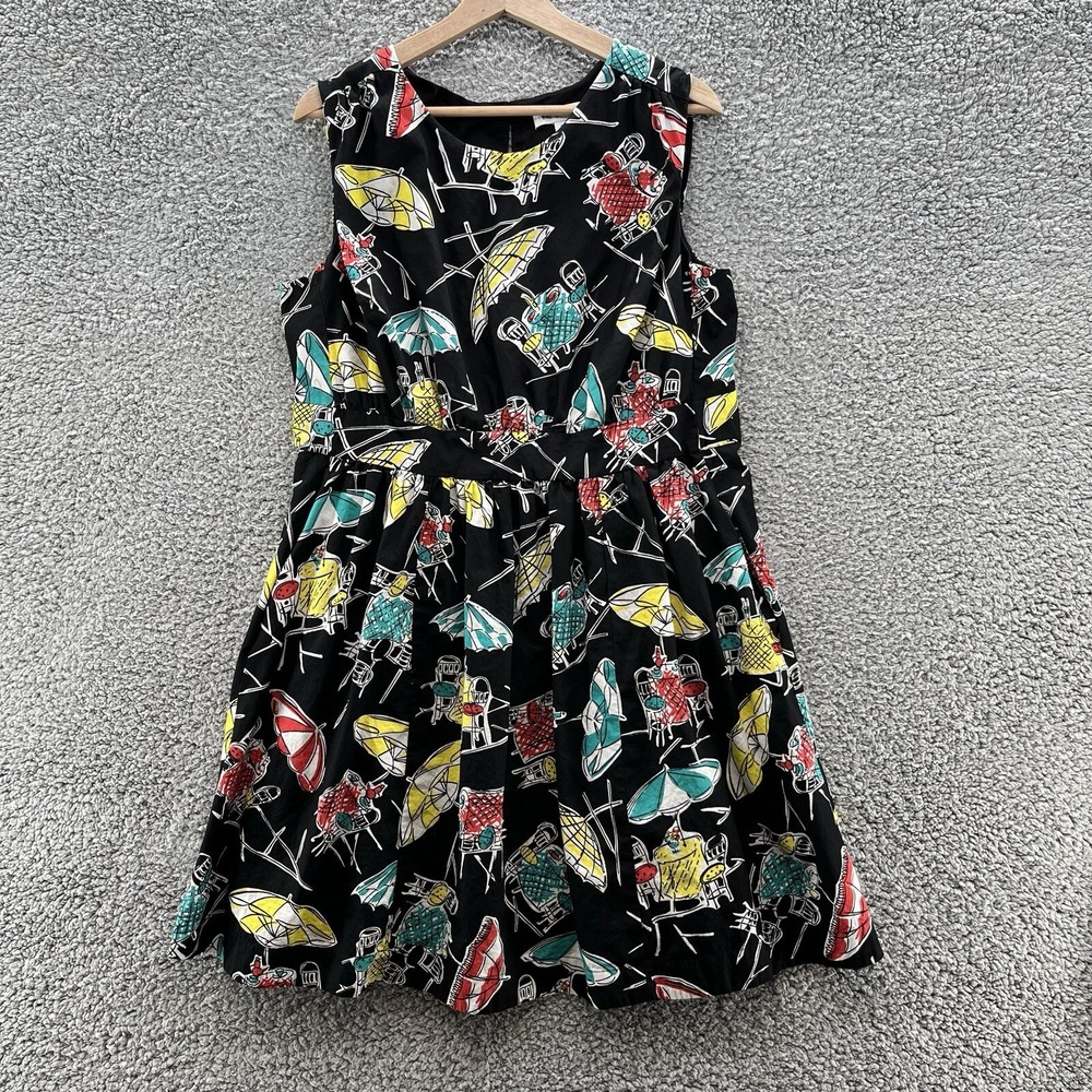 Emily and Fin Dress Womens 1X Black Street Cafe Print Retro Fit Flare Pockets